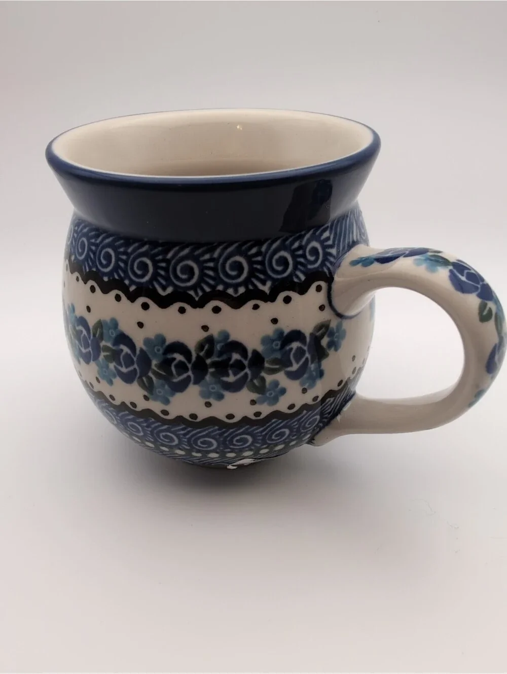 Polish Pottery Bubble Mug Blue Floral Swirl Ceramika Artystyczna Bolesławiec New